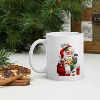 White glossy mug Santa Claus with pets
